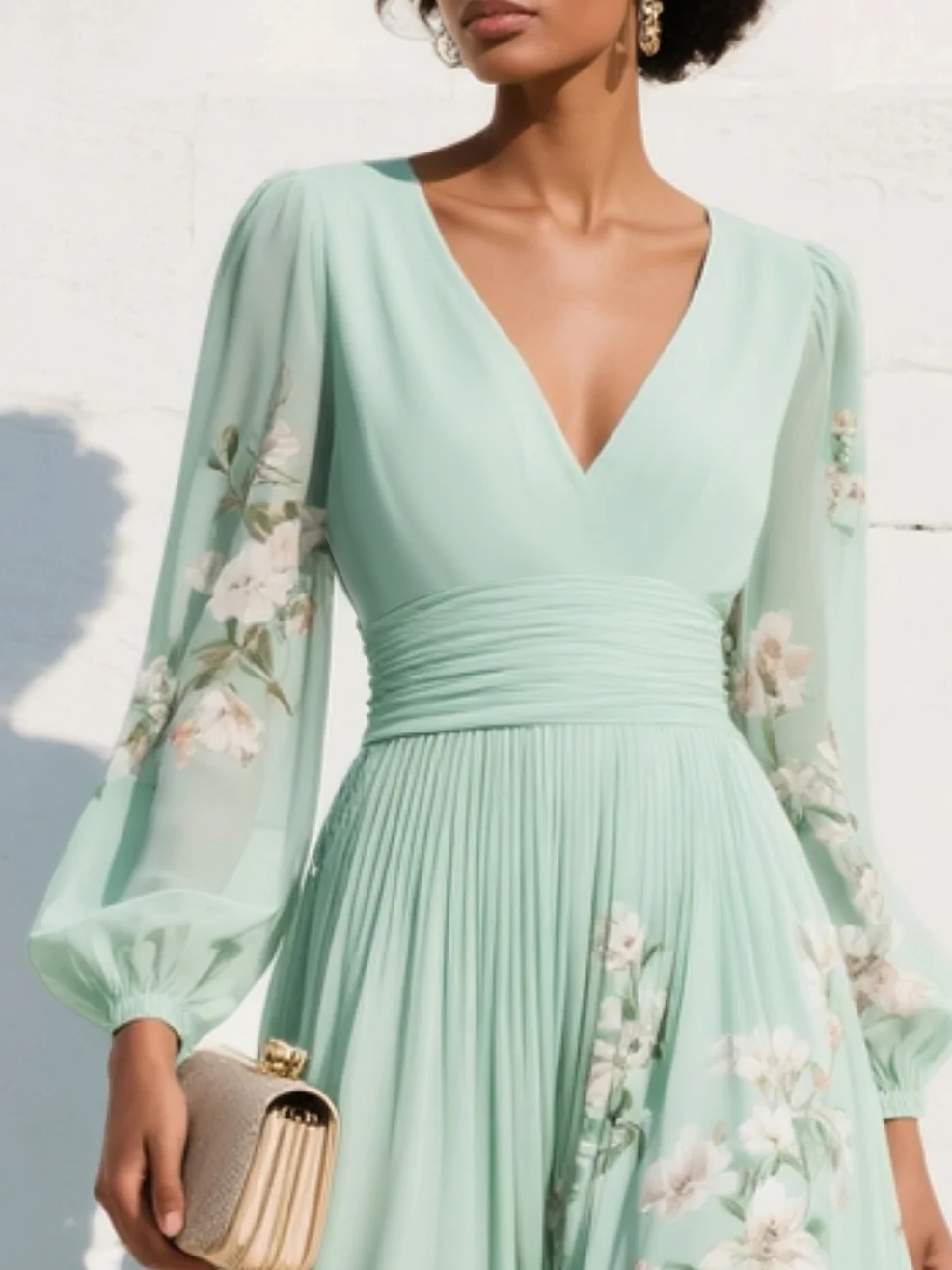 Floral Chiffon Long Sleeve Midi Dress – Pleated V-Neck A-Line