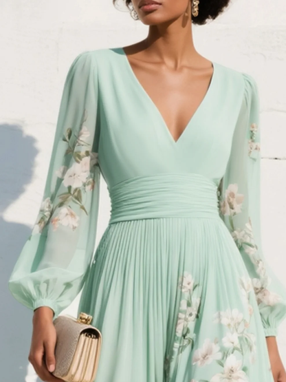 Floral Chiffon Long Sleeve Midi Dress – Pleated V-Neck A-Line