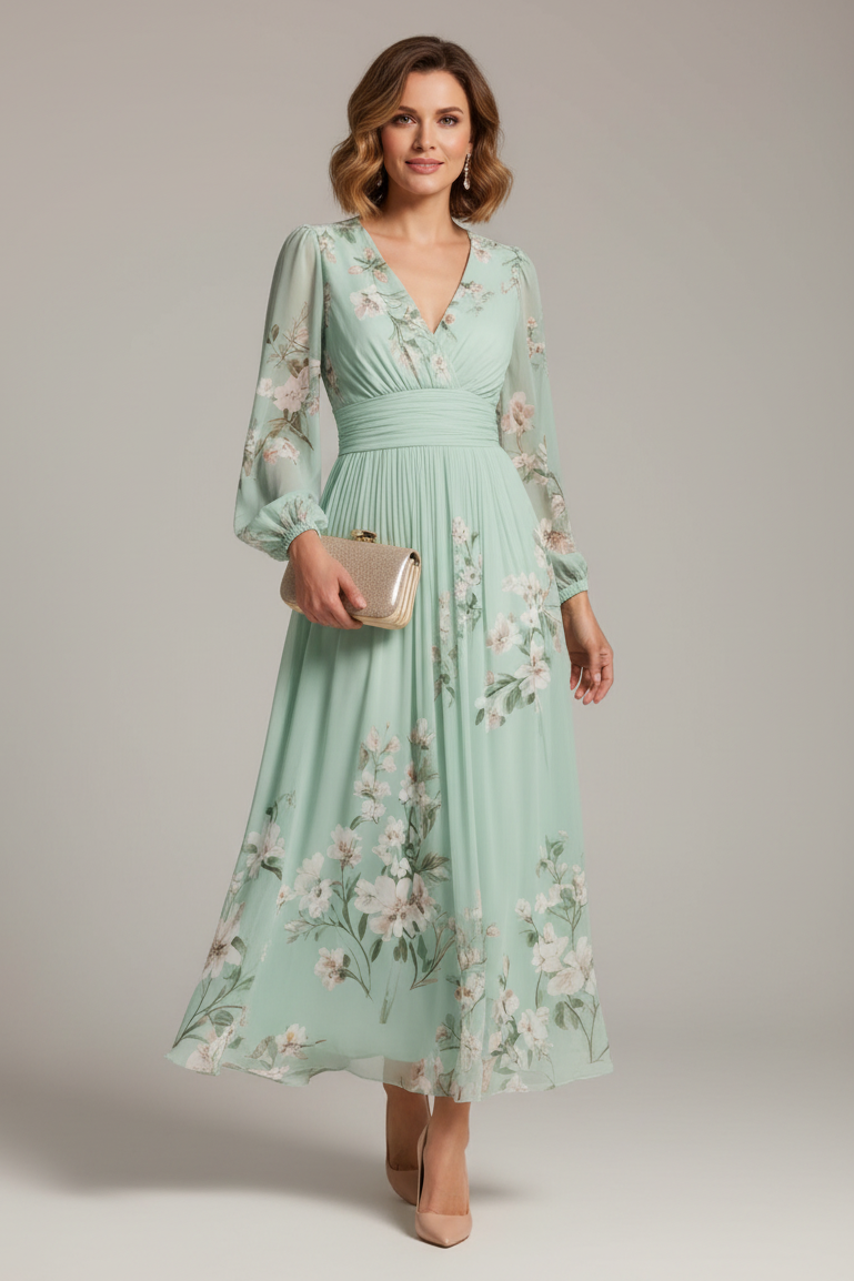 Floral Chiffon Long Sleeve Midi Dress – Pleated V-Neck A-Line