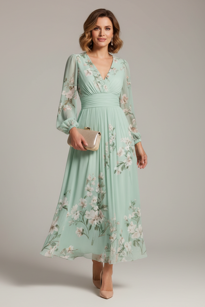 Floral Chiffon Long Sleeve Midi Dress – Pleated V-Neck A-Line