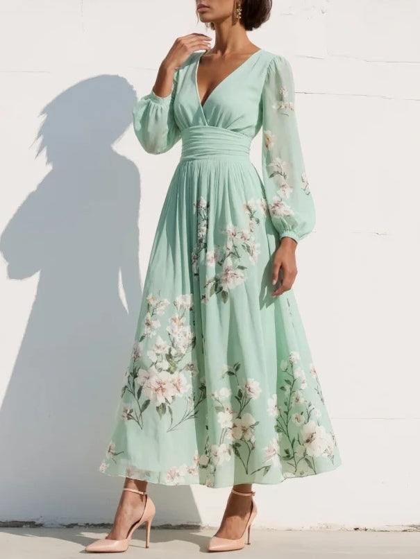 Floral Chiffon Long Sleeve Midi Dress – Pleated V-Neck A-Line