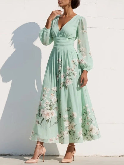 Floral Chiffon Long Sleeve Midi Dress – Pleated V-Neck A-Line