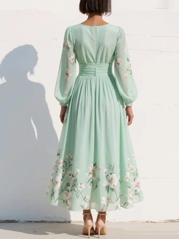 Floral Chiffon Long Sleeve Midi Dress – Pleated V-Neck A-Line