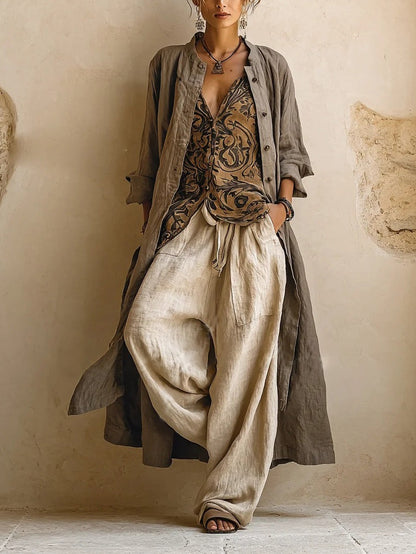 Linen 3-Piece Set Women – Printed Top Wide-Leg Pants Duster Coat