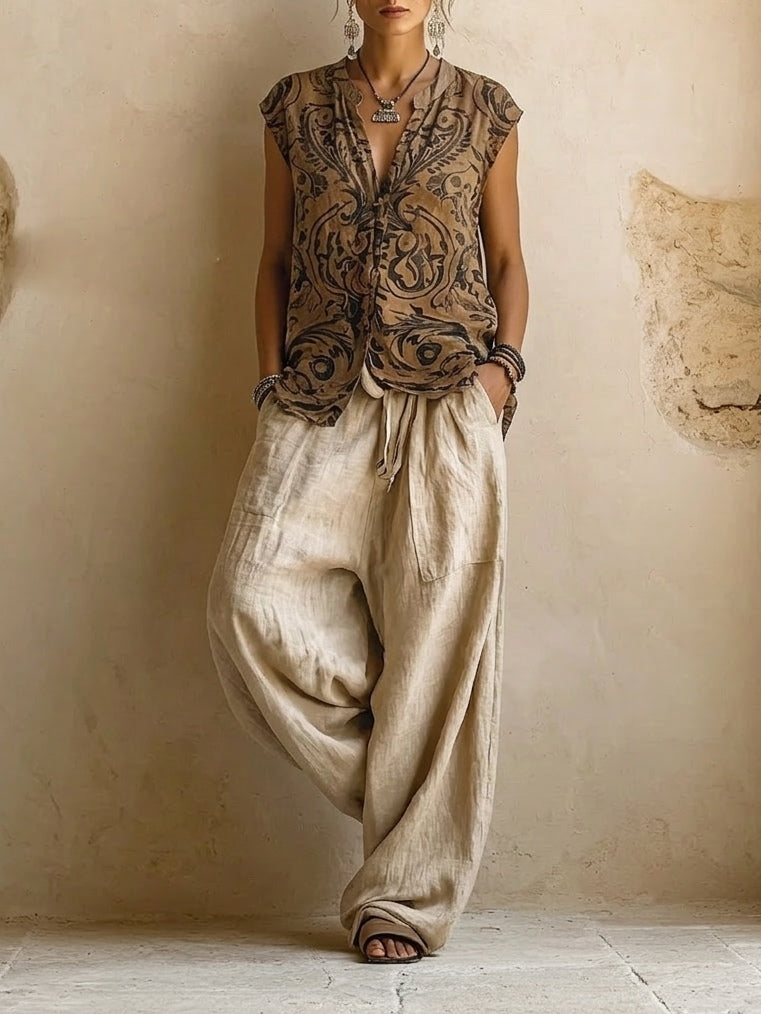 Linen 3-Piece Set Women – Printed Top Wide-Leg Pants Duster Coat