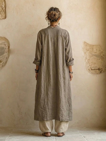 Linen 3-Piece Set Women – Printed Top Wide-Leg Pants Duster Coat