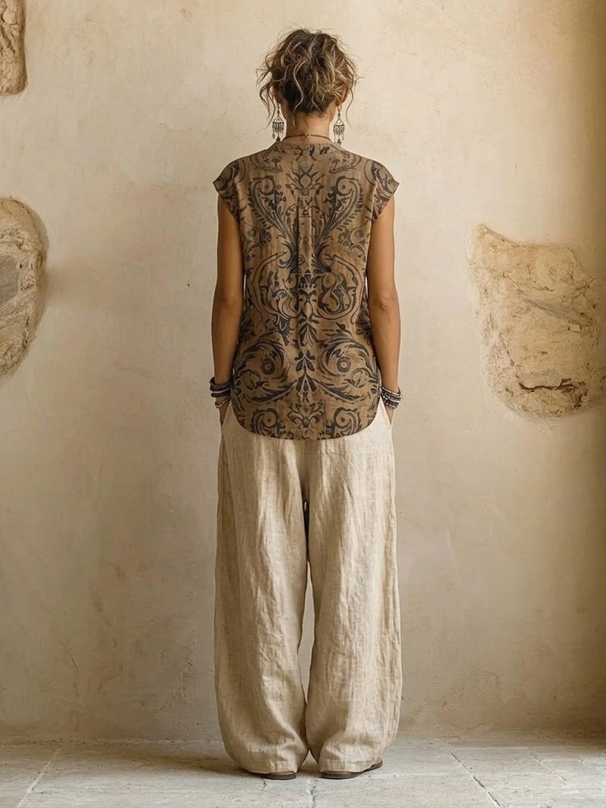 Linen 3-Piece Set Women – Printed Top Wide-Leg Pants Duster Coat