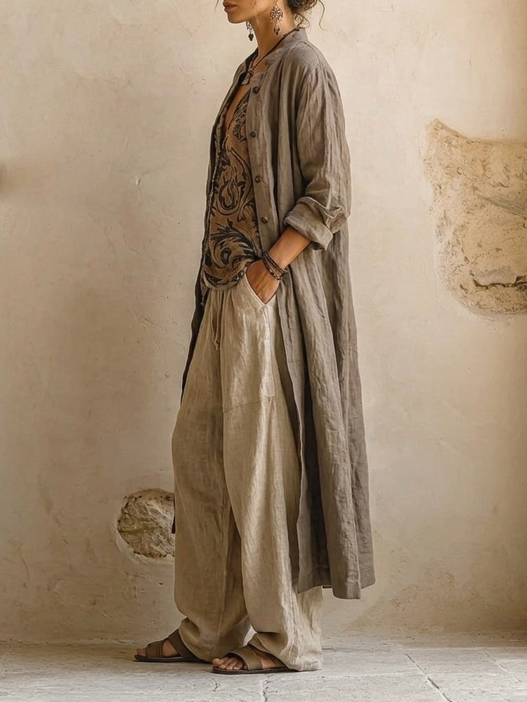 Linen 3-Piece Set Women – Printed Top Wide-Leg Pants Duster Coat