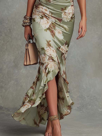 Floral Satin Maxi Dress – Ruched V-Neck Mermaid Ruffle Hem