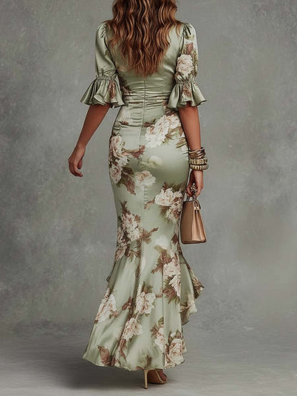 Floral Satin Maxi Dress – Ruched V-Neck Mermaid Ruffle Hem