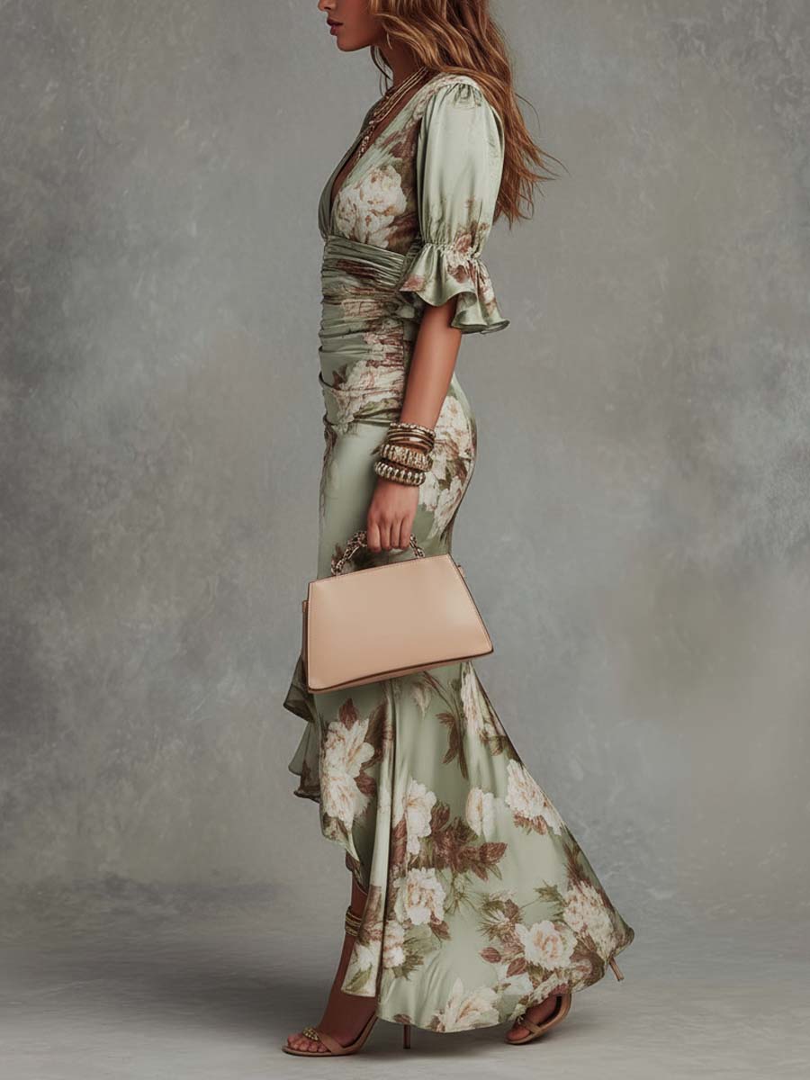 Floral Satin Maxi Dress – Ruched V-Neck Mermaid Ruffle Hem