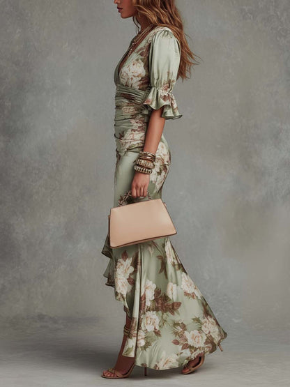Floral Satin Maxi Dress – Ruched V-Neck Mermaid Ruffle Hem