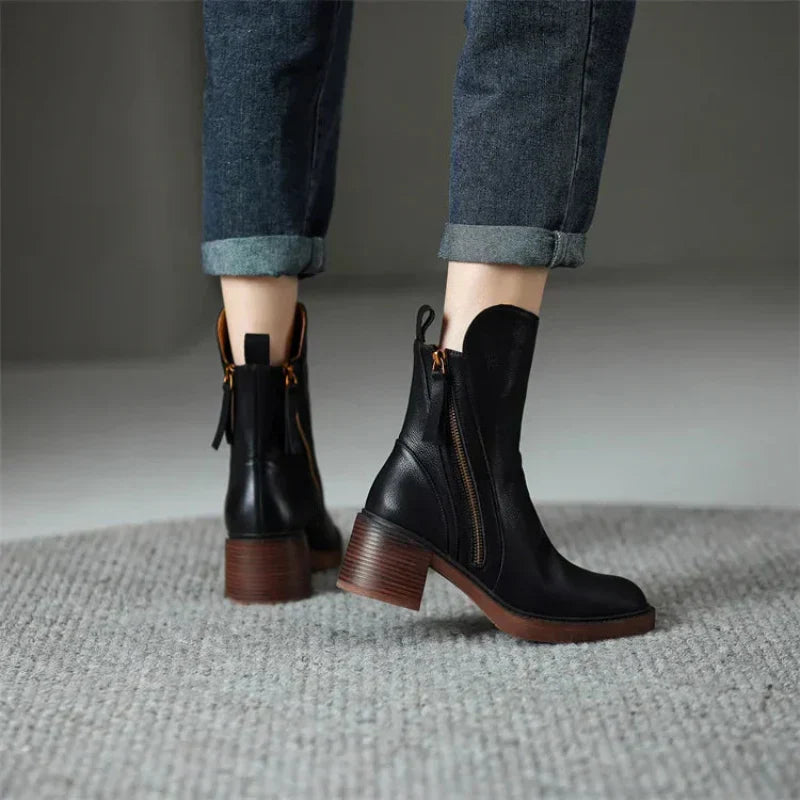 Block Heel Ankle Boots – Side Zip Round Toe Booties