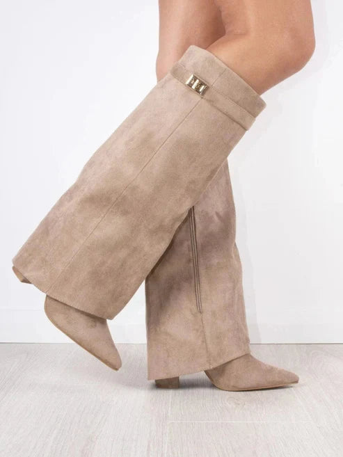 Fold-Over Knee-High Boots – Pointed Toe Gold Lock Detail