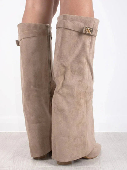 Fold-Over Knee-High Boots – Pointed Toe Gold Lock Detail