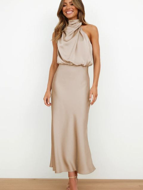 Women's Off Shoulder Bodycon Satin Maxi Dress, Elegant Sleeveless Evening Gown for Formal Party