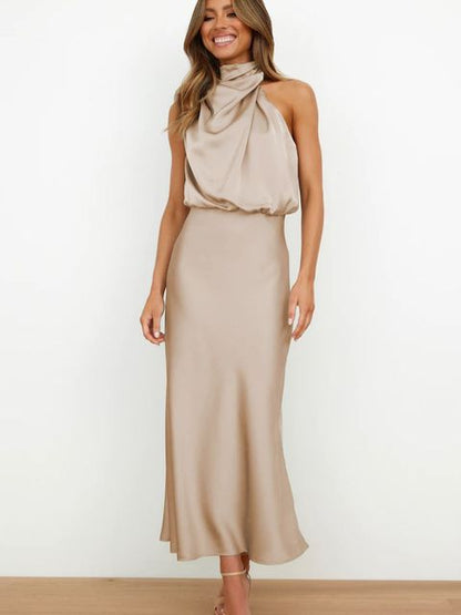 Women's Off Shoulder Bodycon Satin Maxi Dress, Elegant Sleeveless Evening Gown for Formal Party