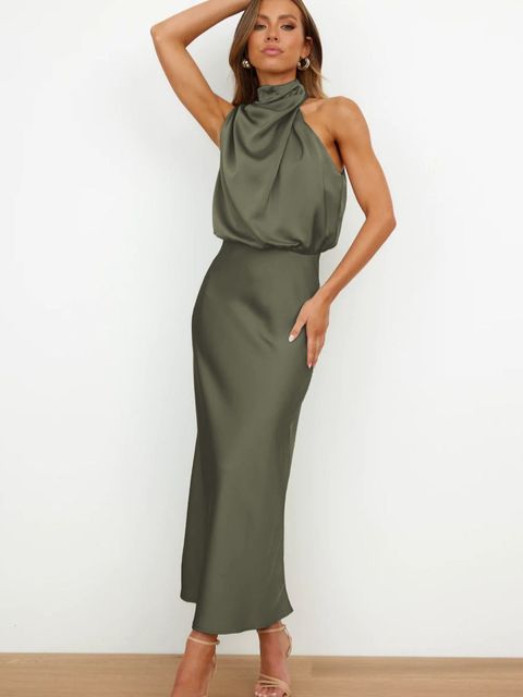 Women's Off Shoulder Bodycon Satin Maxi Dress, Elegant Sleeveless Evening Gown for Formal Party