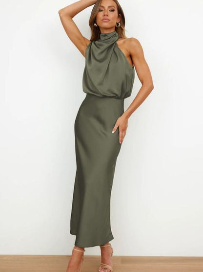 Women's Off Shoulder Bodycon Satin Maxi Dress, Elegant Sleeveless Evening Gown for Formal Party