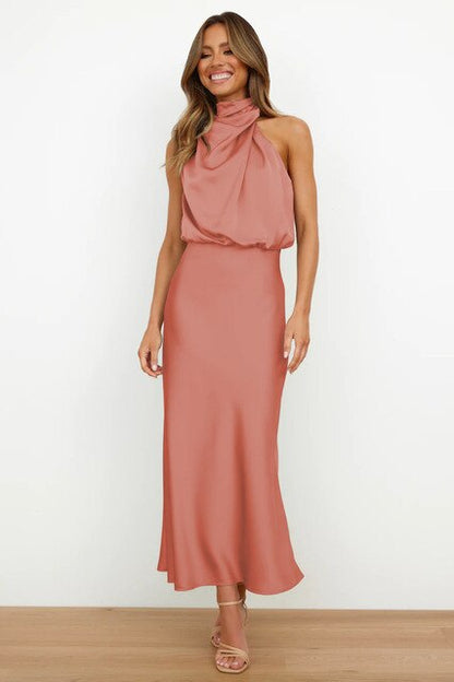 Women's Off Shoulder Bodycon Satin Maxi Dress, Elegant Sleeveless Evening Gown for Formal Party