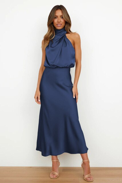 Women's Off Shoulder Bodycon Satin Maxi Dress, Elegant Sleeveless Evening Gown for Formal Party