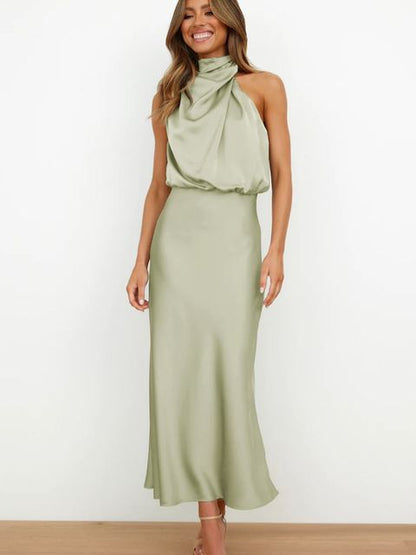 Women's Off Shoulder Bodycon Satin Maxi Dress, Elegant Sleeveless Evening Gown for Formal Party