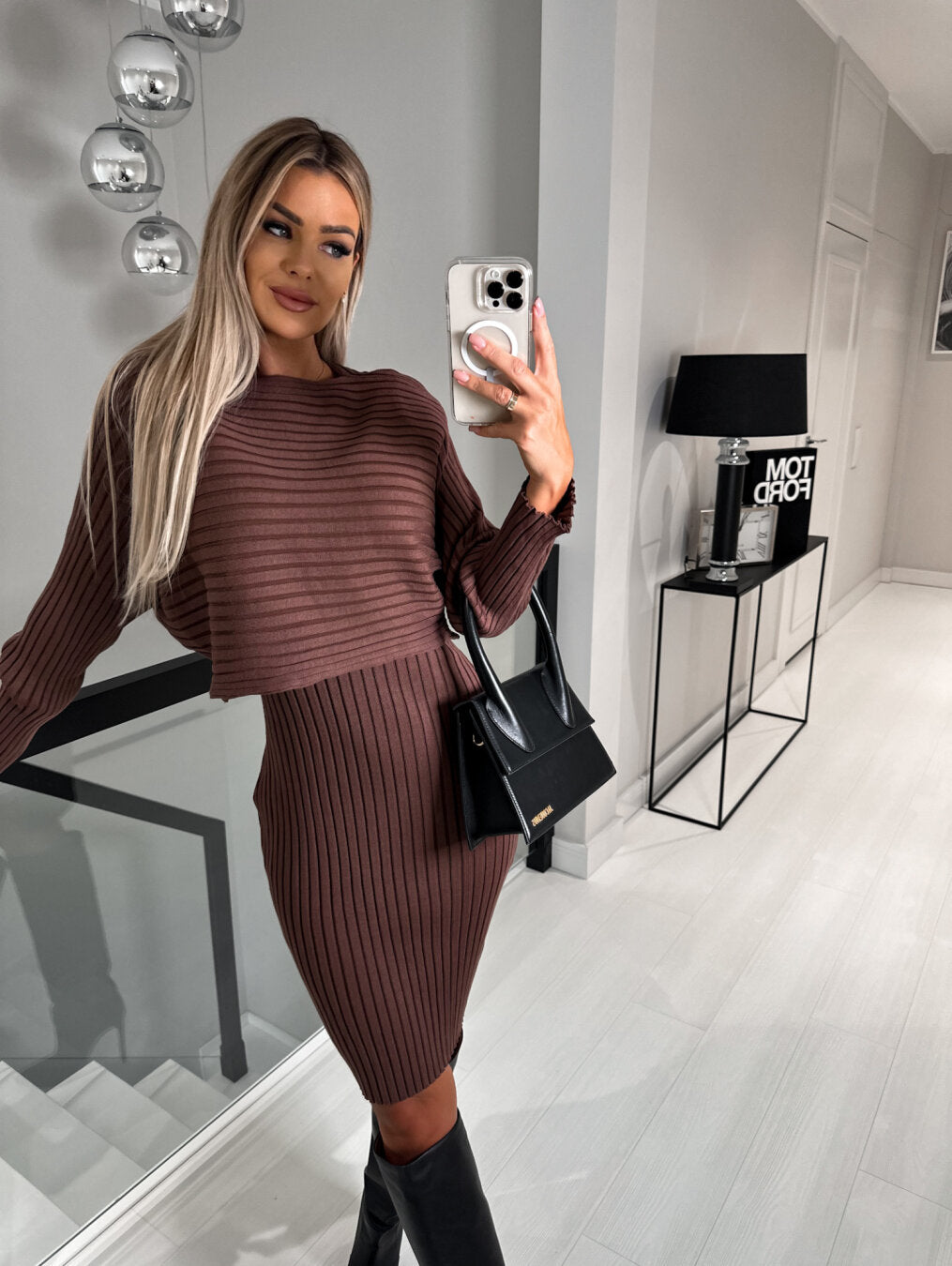 Ribbed Knit Two-Piece Set – Bodycon Midi Dress and Crop Sweater