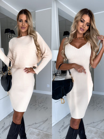 Ribbed Knit Two-Piece Set – Bodycon Midi Dress and Crop Sweater