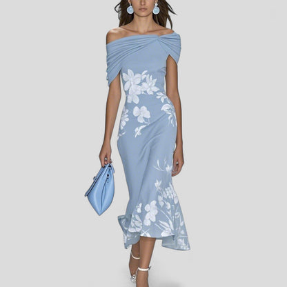 Floral Print Off-Shoulder Midi Dress – Ruched Bodycon Ruffle Hem