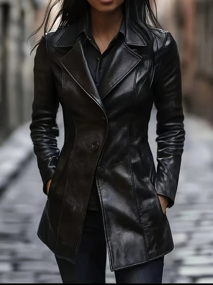 Black Faux Leather Trench Coat – Single-Breasted Mid-Length Slim Fit