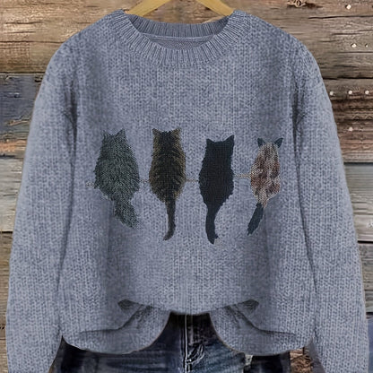 Cat Print Knit Pullover Sweater – Crewneck Relaxed Fit Long Sleeve