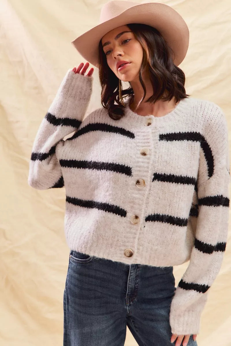 Striped Knit Cardigan – Button-Front Crew Neck Relaxed Fit