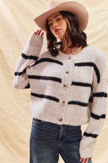 Striped Knit Cardigan – Button-Front Crew Neck Relaxed Fit