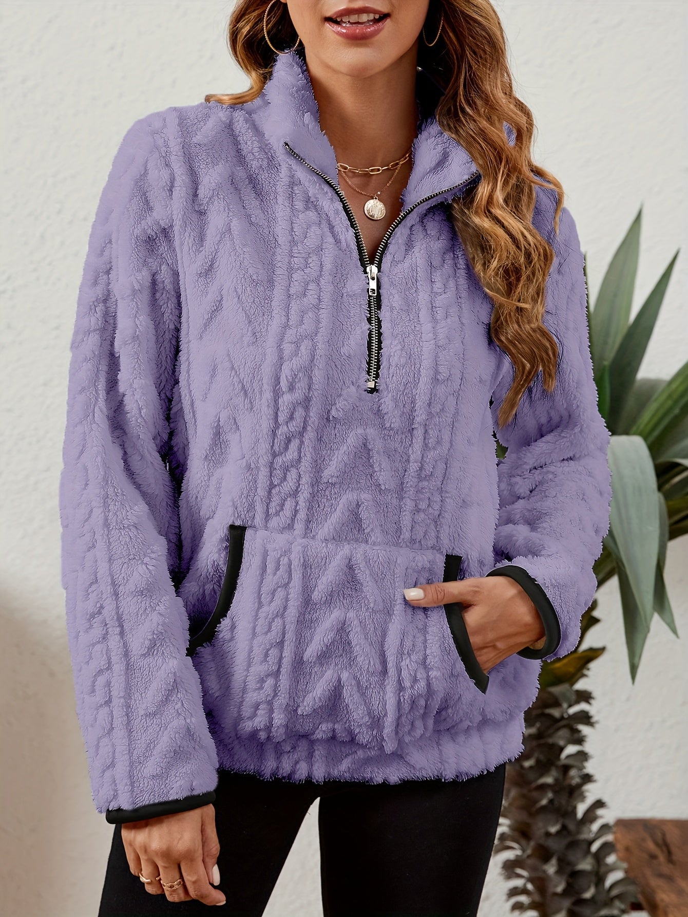 Sherpa Fleece Half-Zip Pullover – Textured Long Sleeve with Kangaroo Pocket