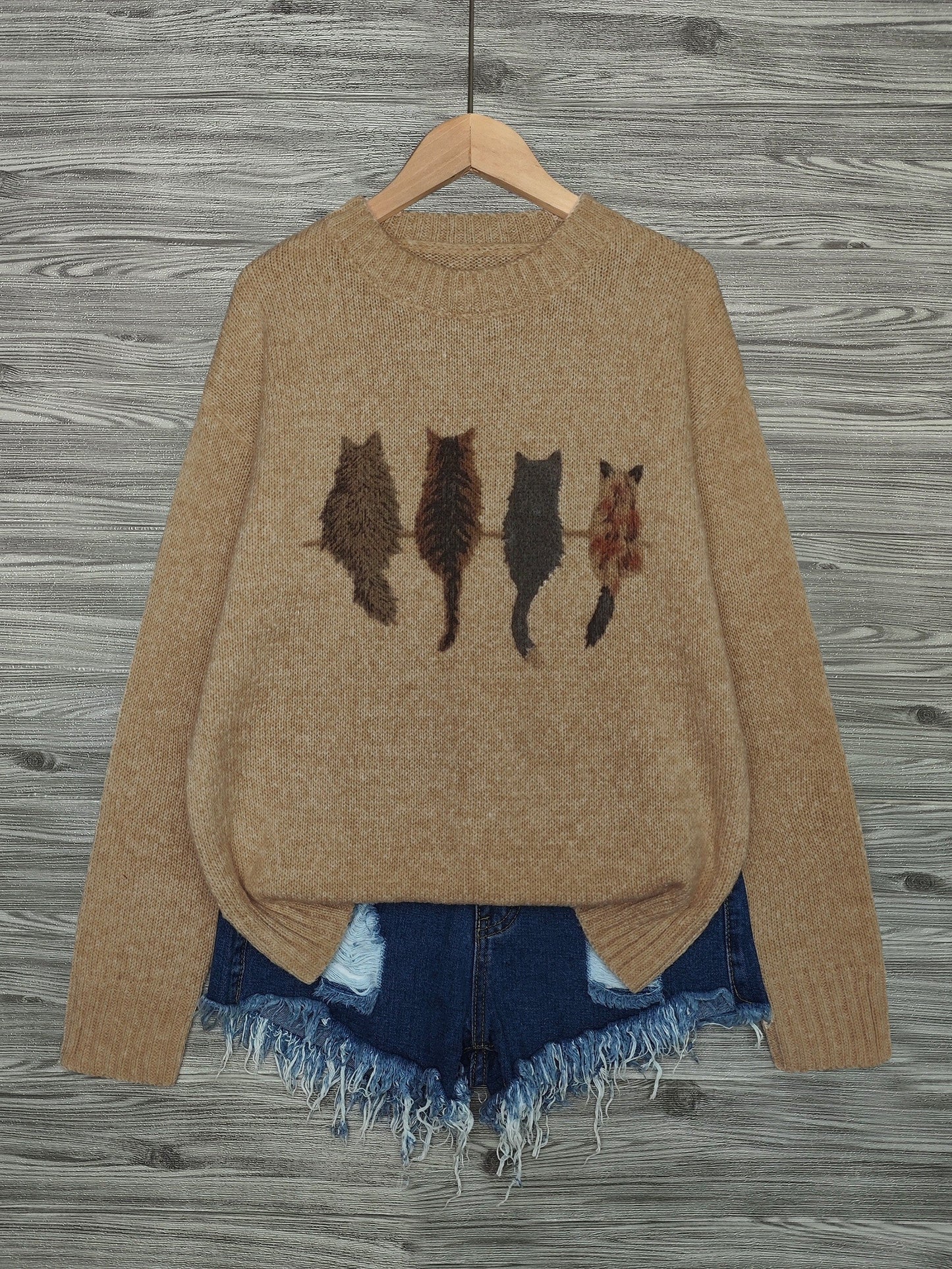 Cat Print Knit Pullover Sweater – Crewneck Relaxed Fit Long Sleeve