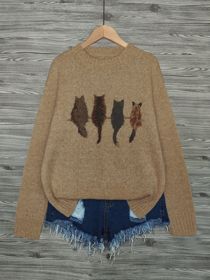 Cat Print Knit Pullover Sweater – Crewneck Relaxed Fit Long Sleeve
