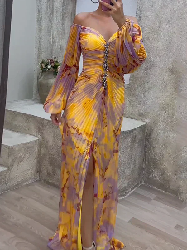 Pleated Chiffon Maxi Dress – Off-Shoulder Ruched Front Slit