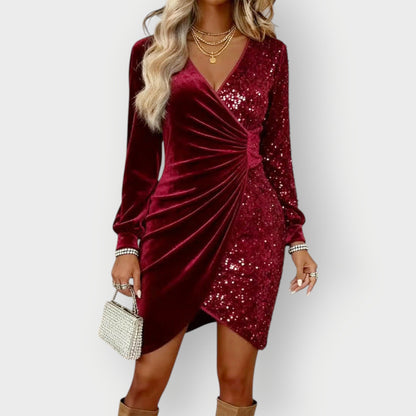 Velvet Sequin Wrap Mini Dress – Long Sleeve Ruched Bodycon Party Dress