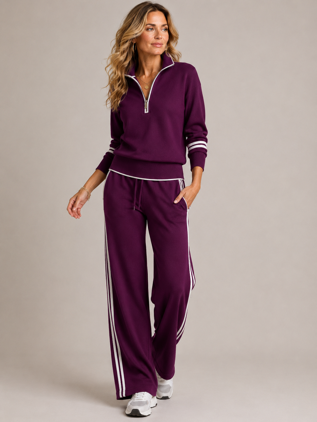 Knit Half-Zip Two-Piece Set – Wide-Leg Pants Stripe Detail