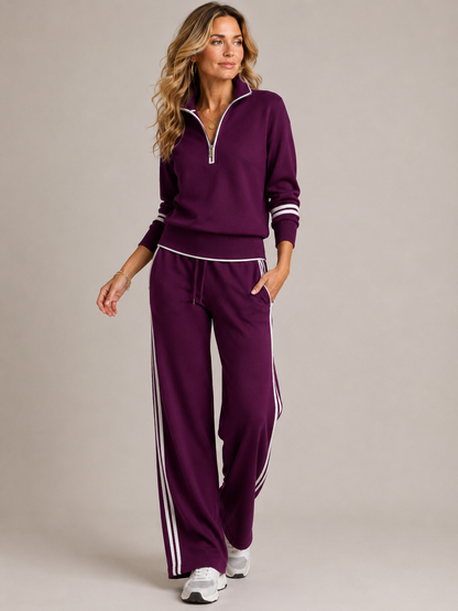 Knit Half-Zip Two-Piece Set – Wide-Leg Pants Stripe Detail