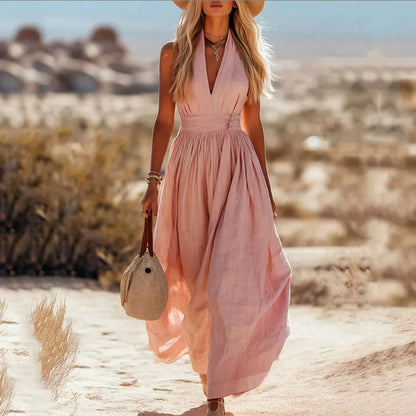 Linen Halter Neck Maxi Dress – Boho Flowy Sleeveless Summer Dress