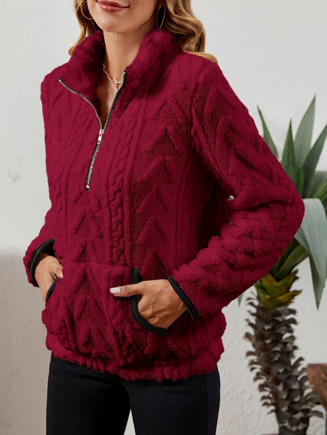 Sherpa Fleece Half-Zip Pullover – Textured Long Sleeve with Kangaroo Pocket