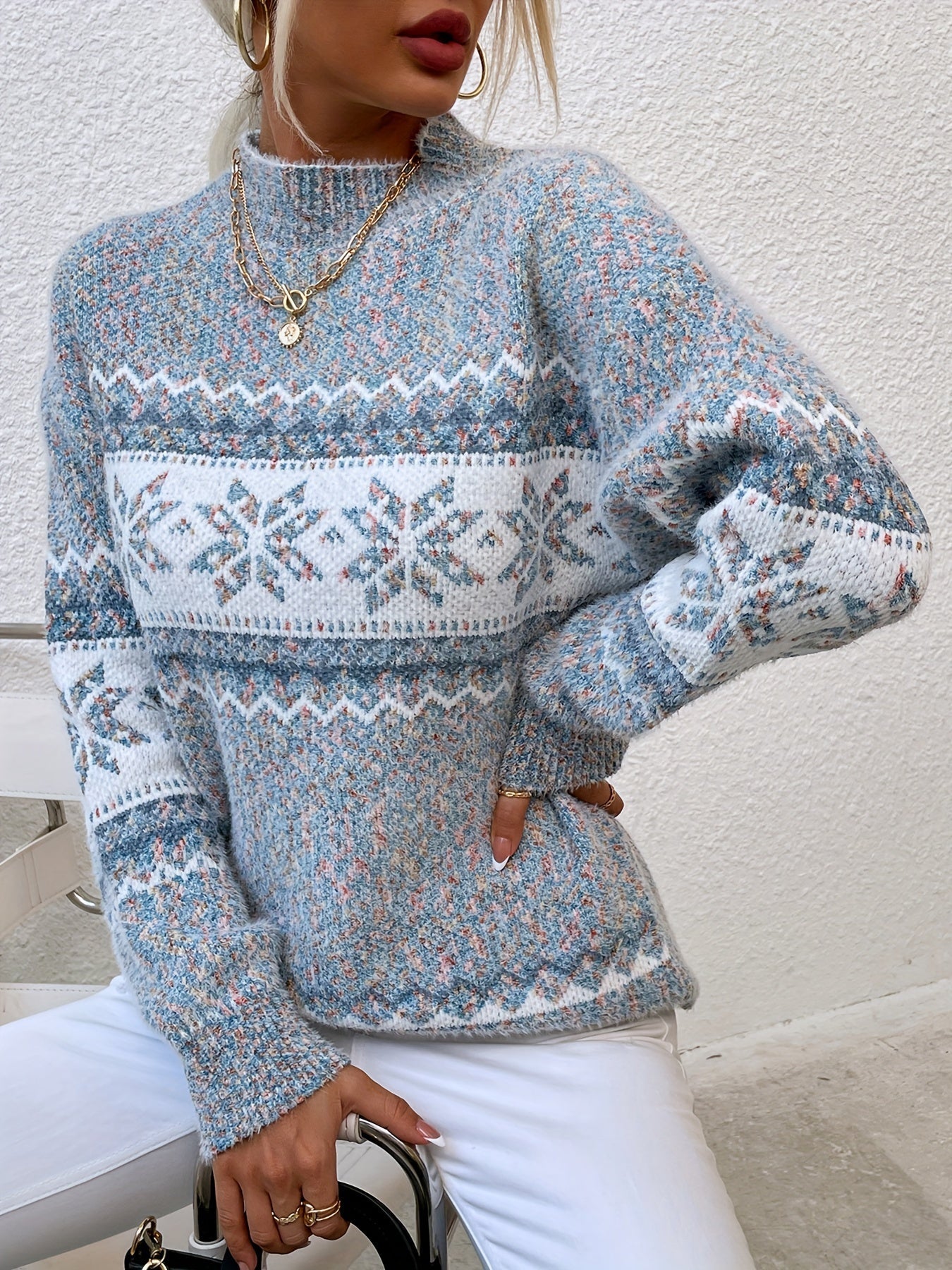 Fair Isle Snowflake Mock Neck Sweater – Relaxed Fit Winter Pullover