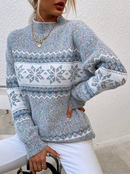 Fair Isle Snowflake Mock Neck Sweater – Relaxed Fit Winter Pullover
