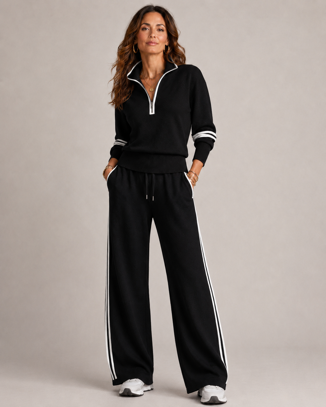 Knit Half-Zip Two-Piece Set – Wide-Leg Pants Stripe Detail