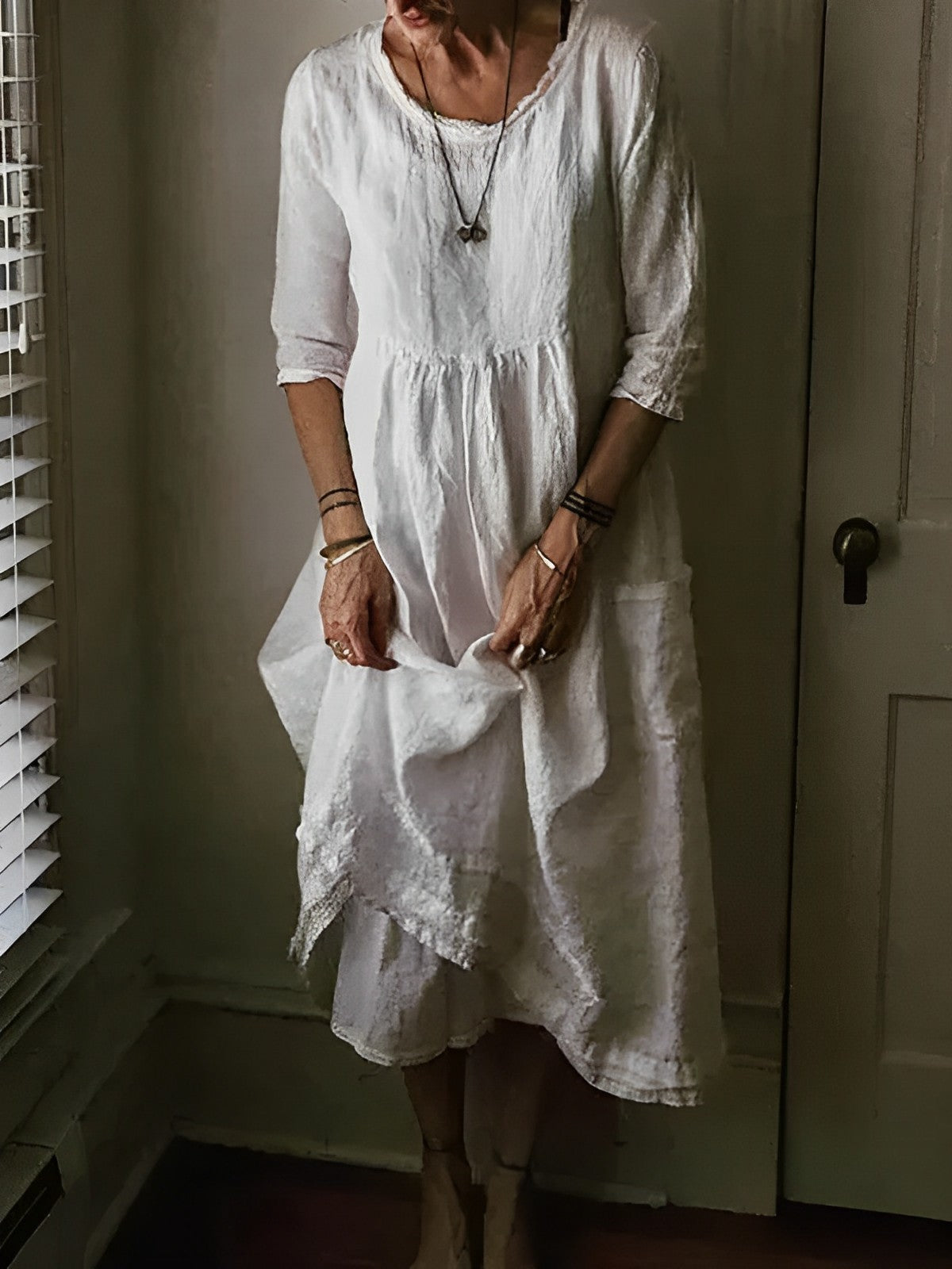 Women's Linen Midi Dress – Loose Fit 3/4 Sleeve Round Neck Casual Dress