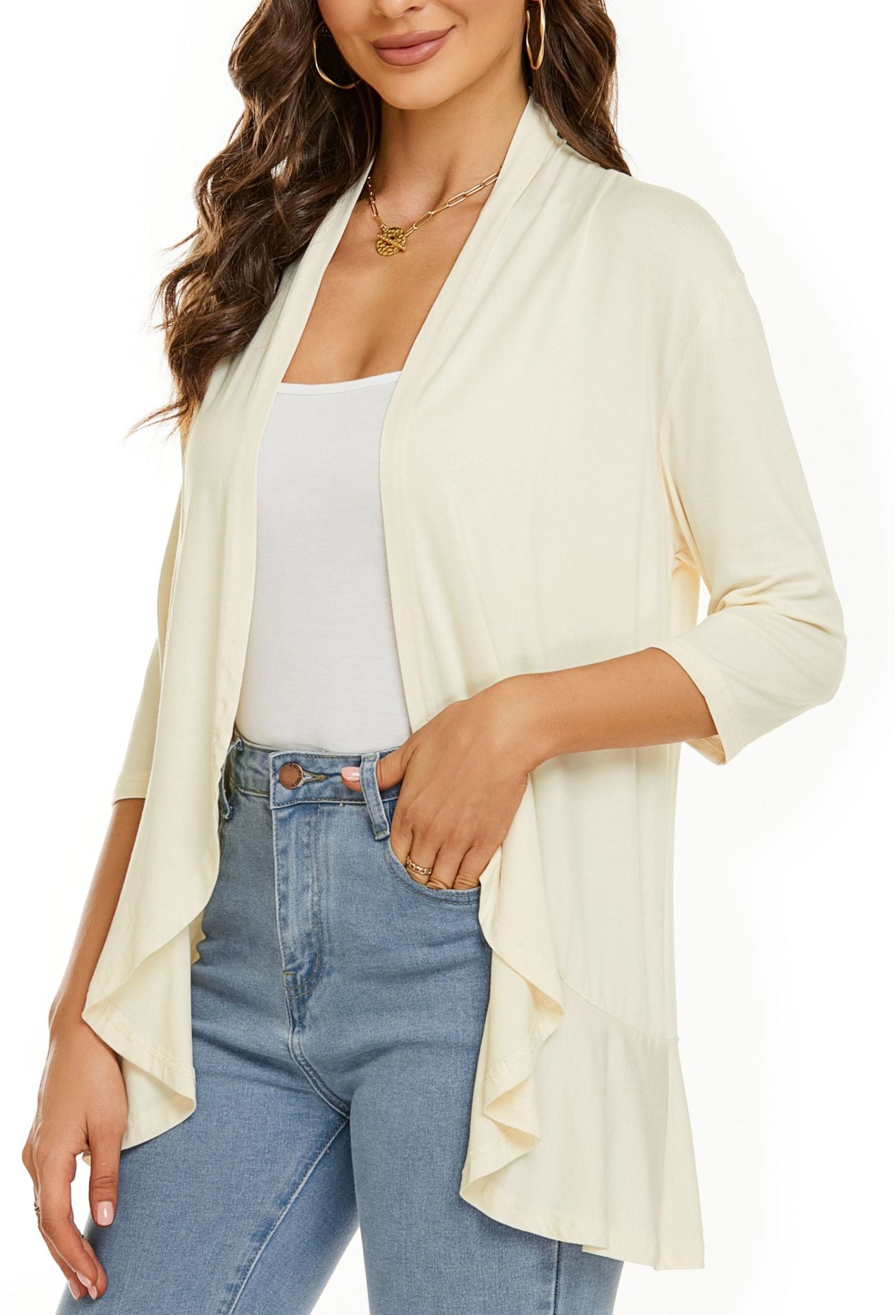 Open Front Draped Cardigan – Women's 3/4 Sleeve Lightweight Layer