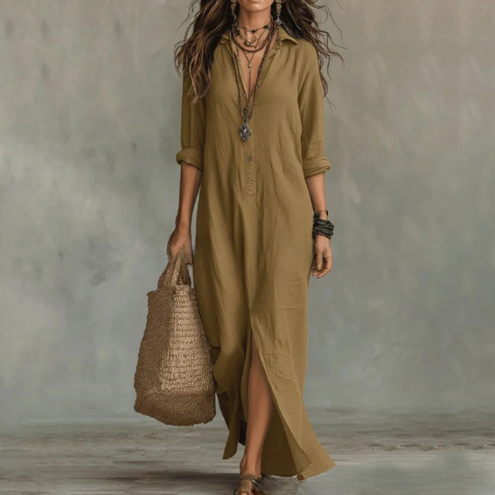 Cotton Linen Maxi Shirt Dress – Loose Fit Button-Front Boho Dress