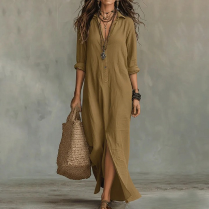 Cotton Linen Maxi Shirt Dress – Loose Fit Button-Front Boho Dress