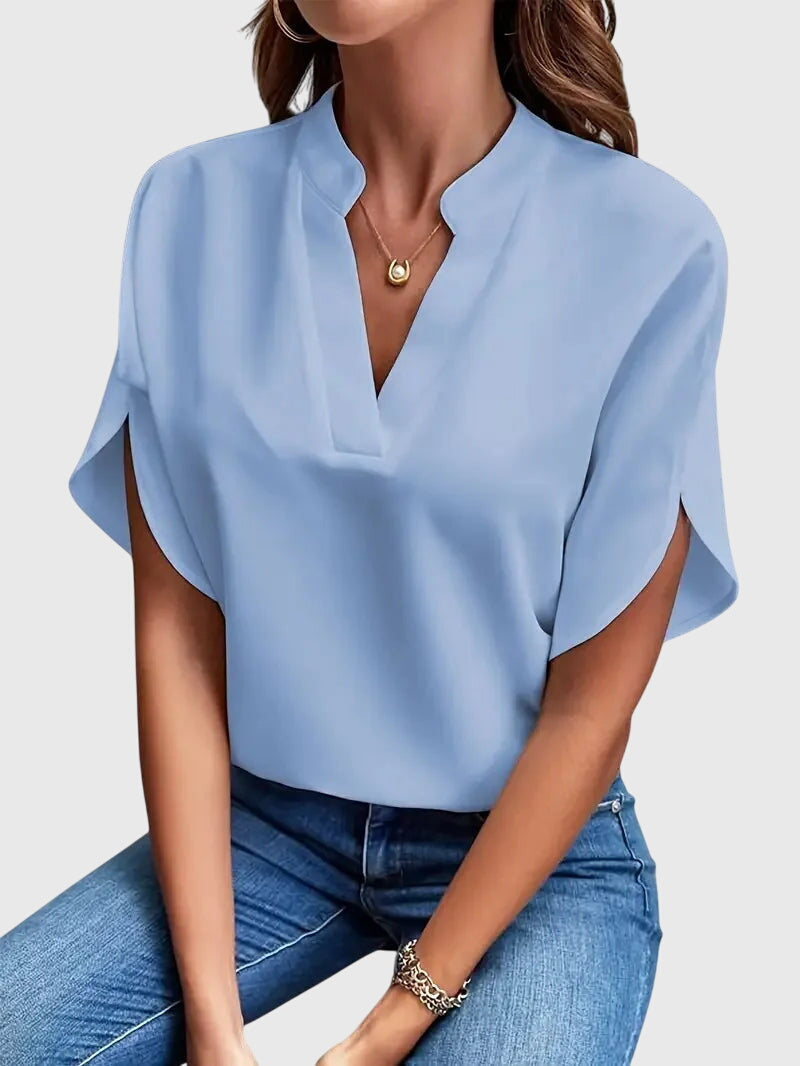 Split Sleeve V-Neck Blouse – Relaxed Fit Work Top